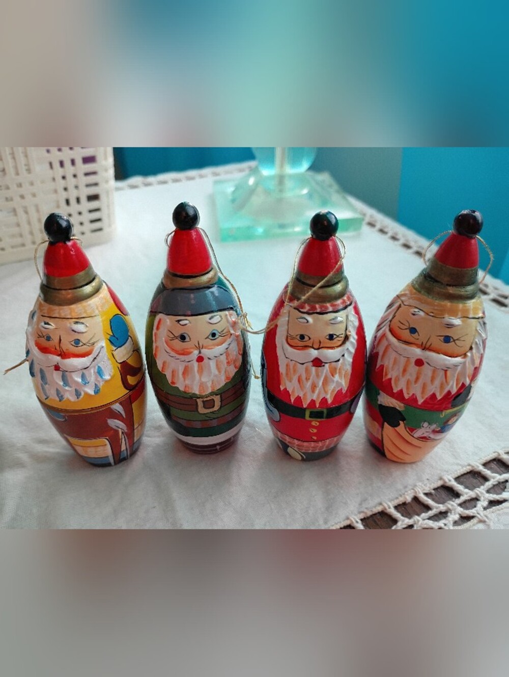 Set Of 4 Stacking Santa Christmas Ornaments, Textured Beards, Wooden, Approx 4"